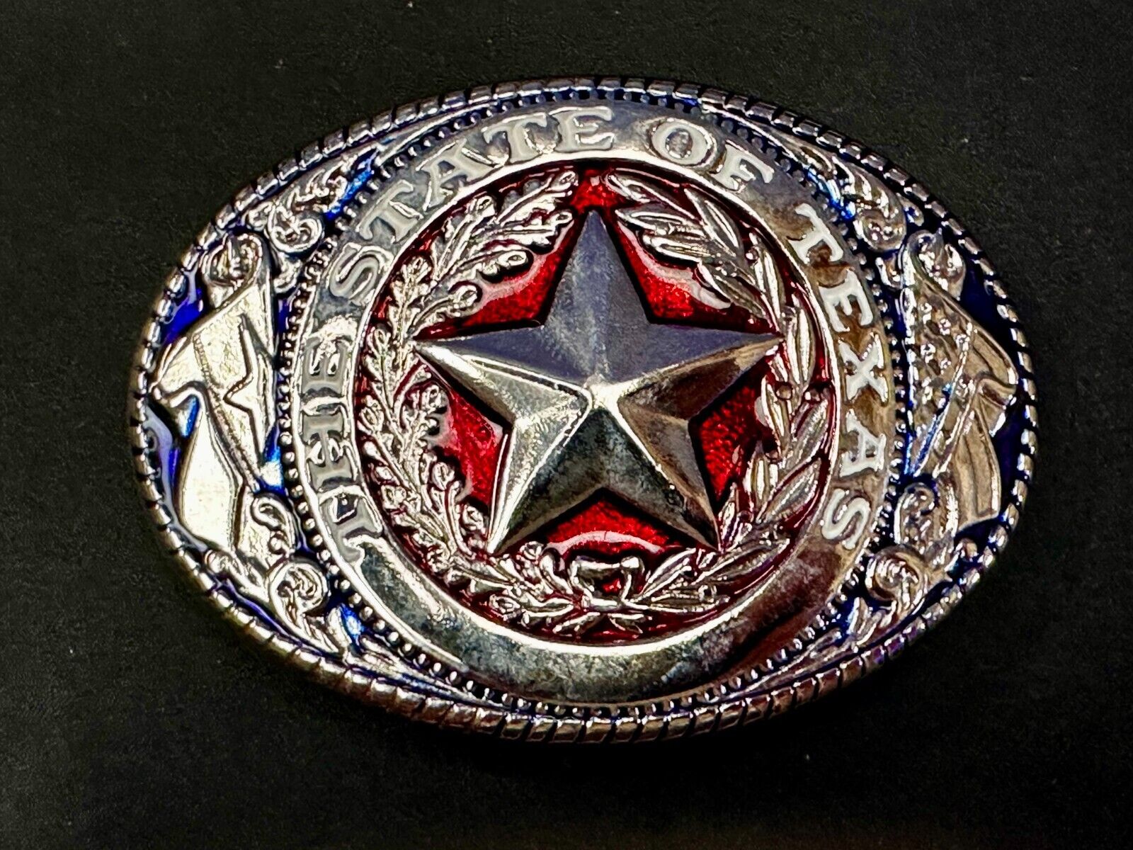 The Great State of Texas - Flag & Star Vtg. Red Blue & Black Color Belt Buckle
