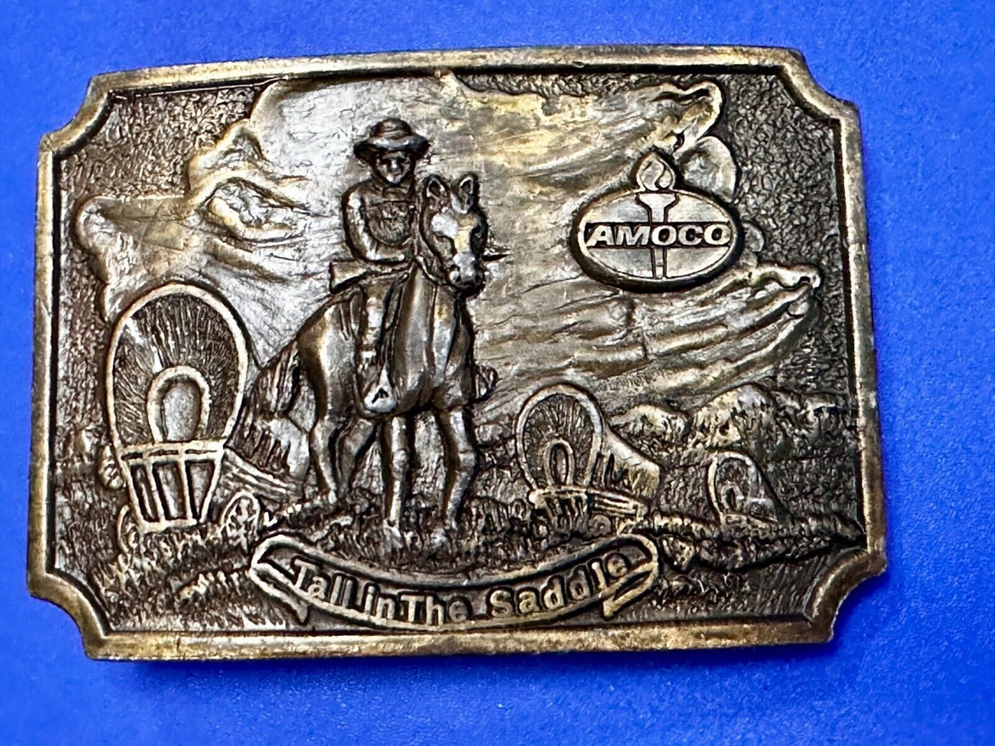 Amoco Oil Tall in the Saddle Wagon Brass Tone Western Cowboy Horse Belt Buckle