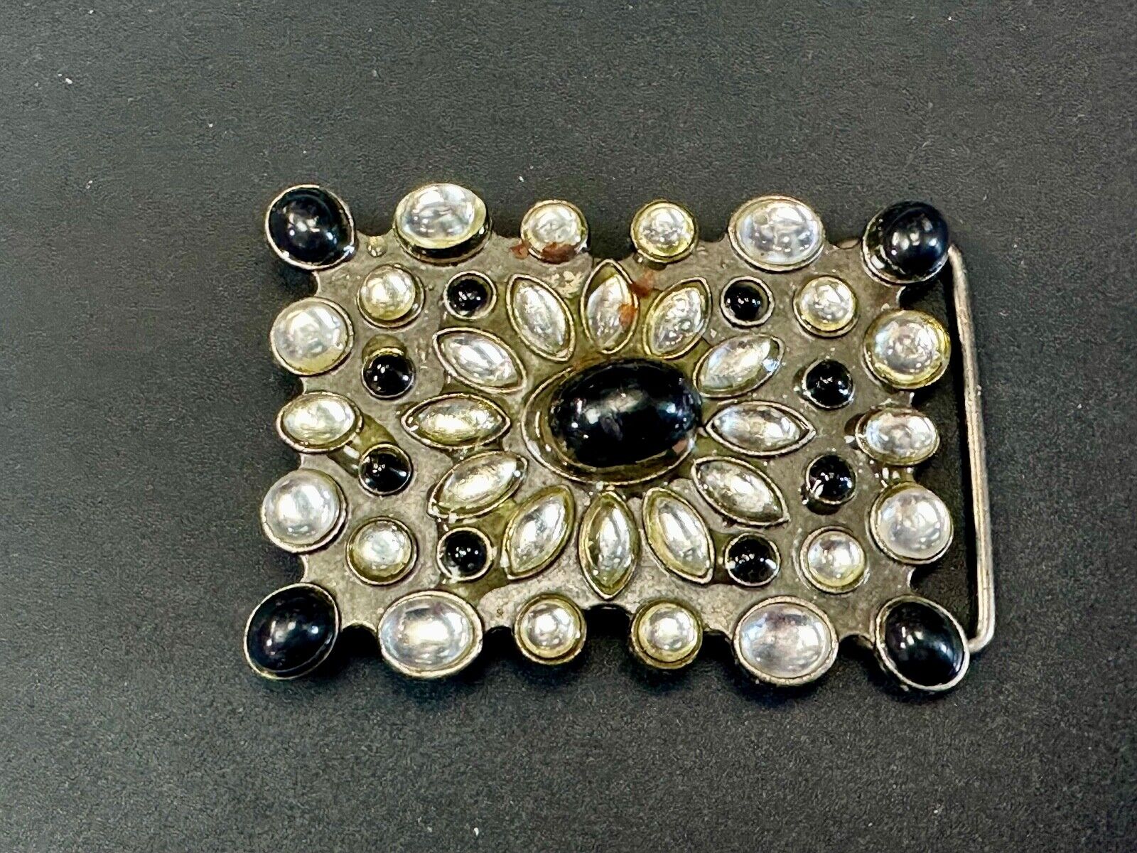 Vintage black and white rhinestone / silver tone belt buckle