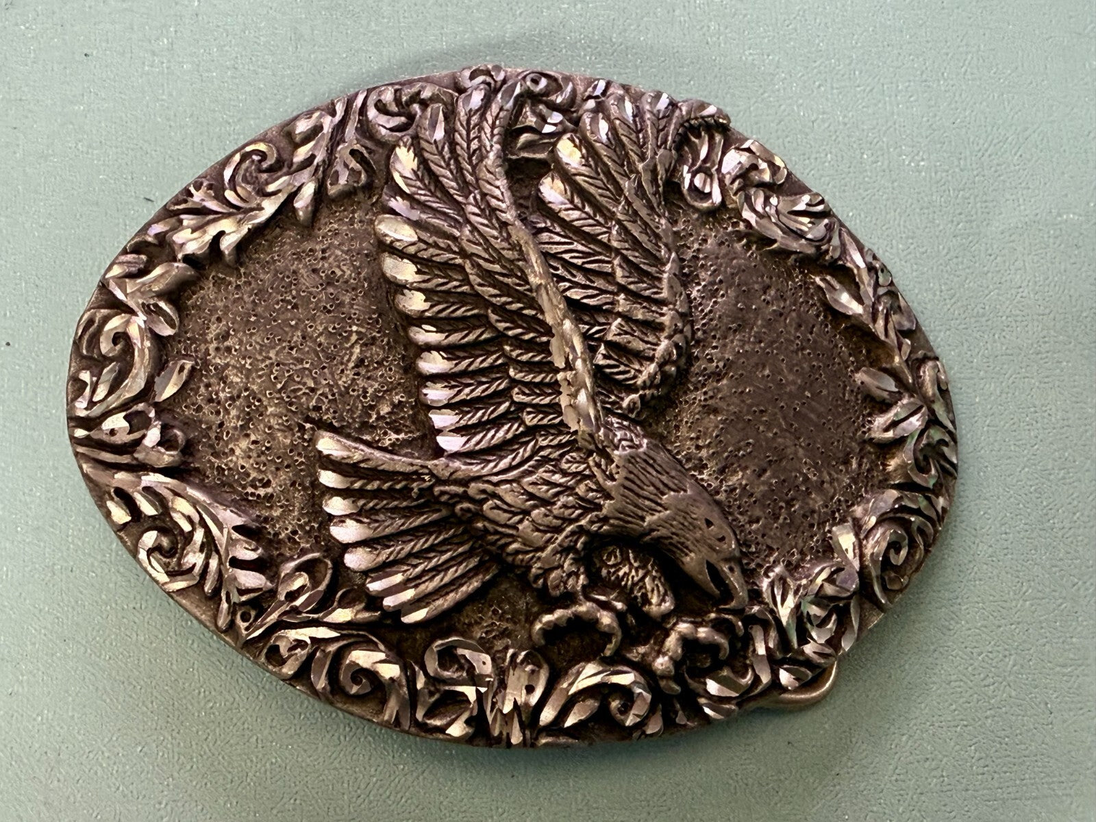 3D Flying American Bald Eagle Swirl Ornate Border Carved 1993 EGE Belt Buckle