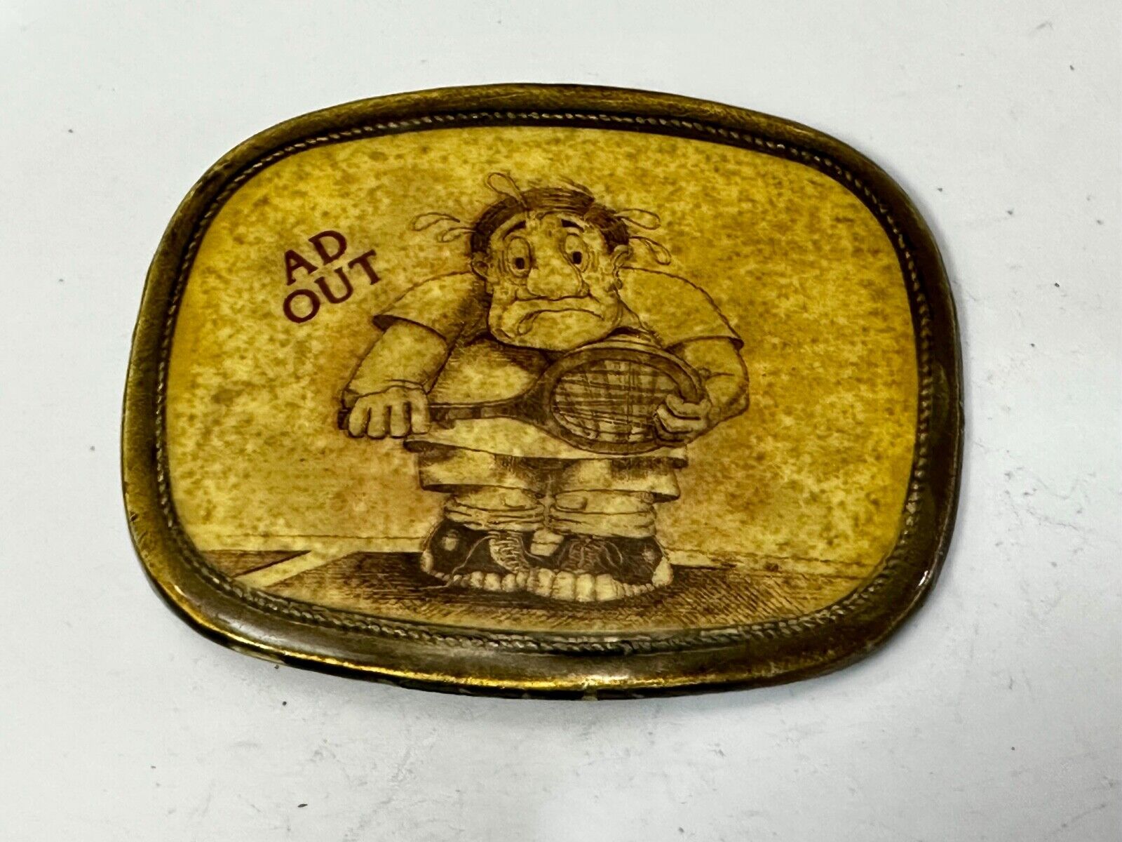 Vintage Cartoon Man AD OUT - Tennis Game Match Retro Sports Belt Buckle