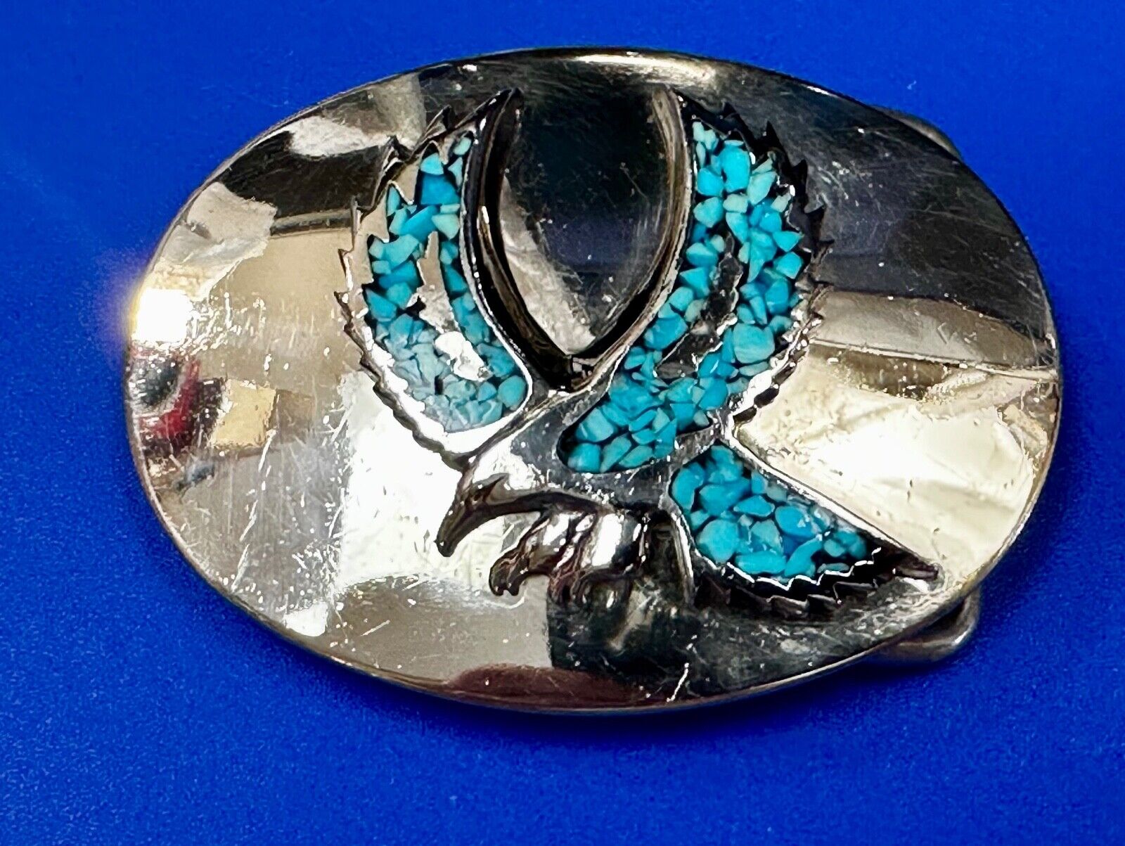 Turquoise Chip inlaid Flying Hunting Diving Patriotic American Eagle Belt Buckle