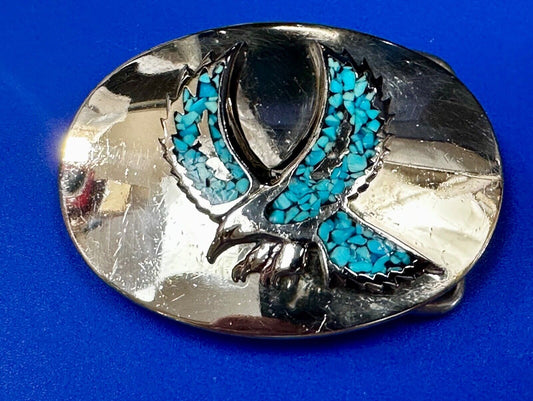 Turquoise Chip inlaid Flying Hunting Diving Patriotic American Eagle Belt Buckle