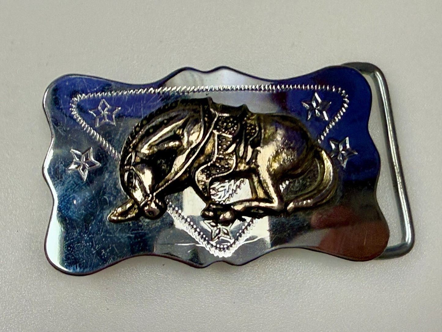 Vintage Horse Head Down End Of The Trail Reflective Two Tone Western Belt Buckle