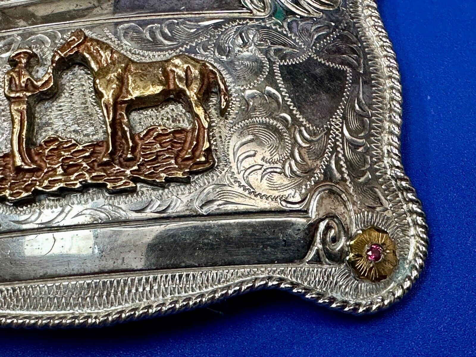 A man with his horse two tone, red ruby Belt Buckle - blank award scrolls