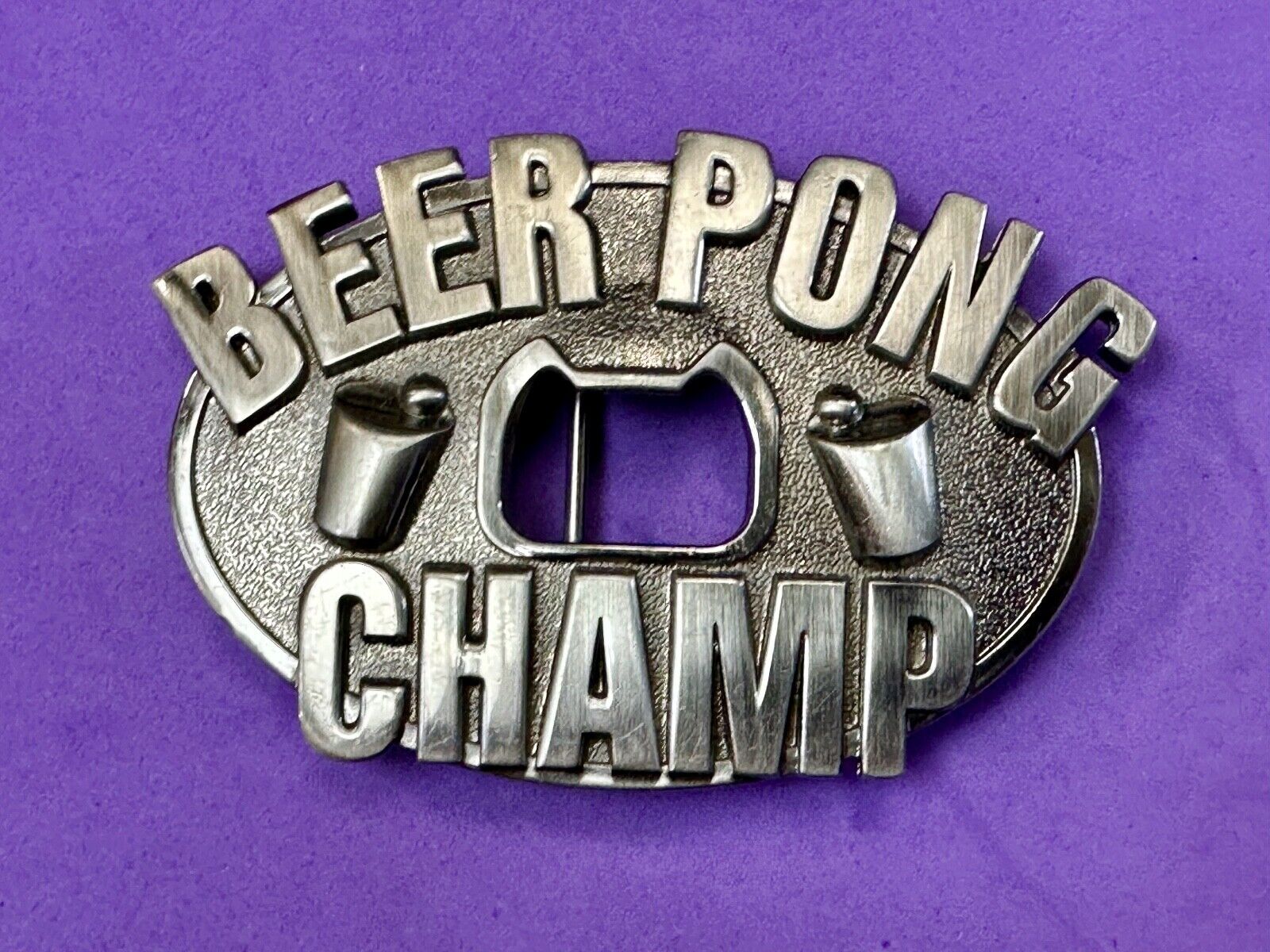 vintage beer pong champ novelty belt buckle and bottle opener by Kalan