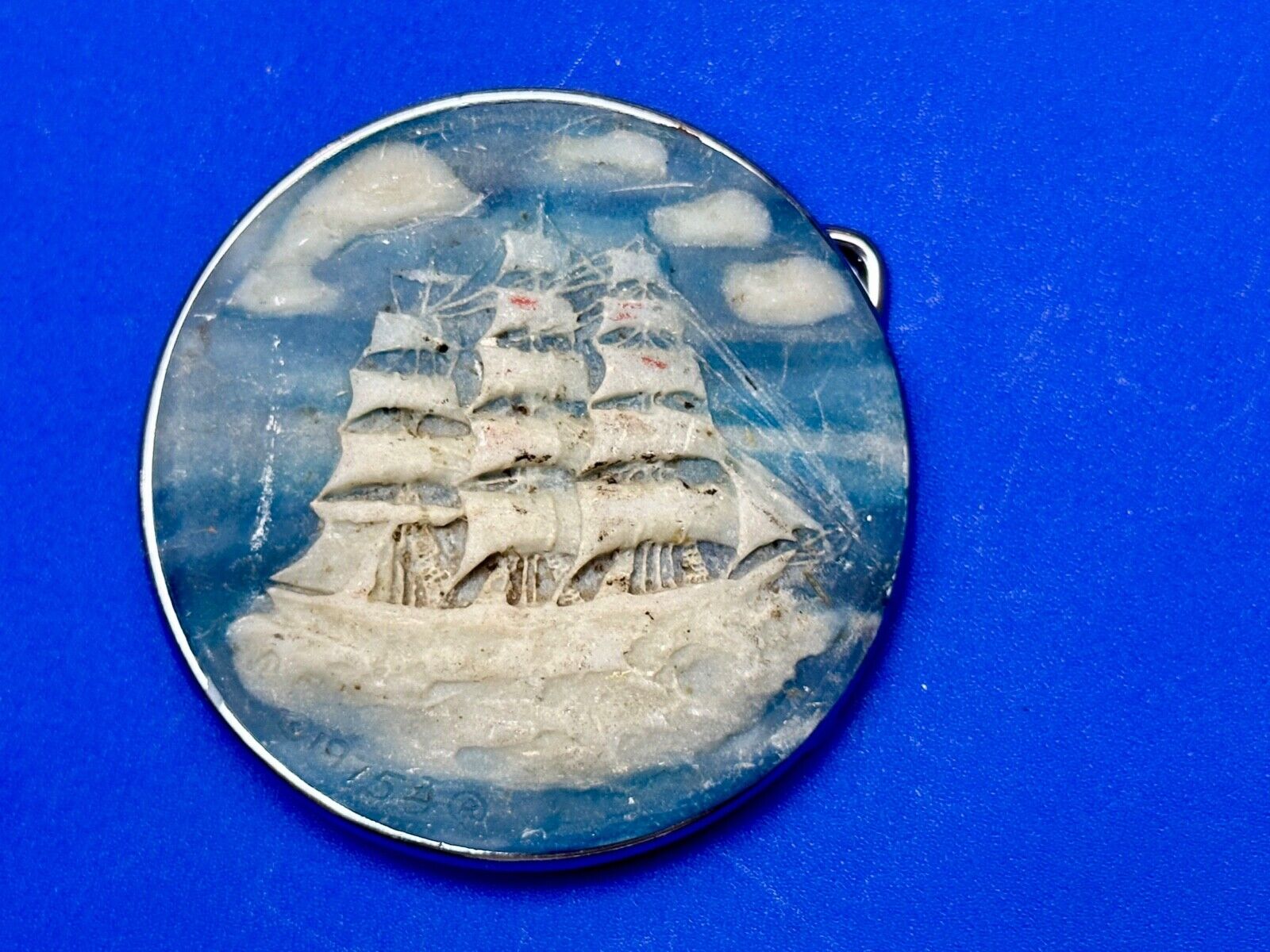 3-Masted Schooner Ship Carved Incolay Stone Cameo Vintage 1975 belt buckle