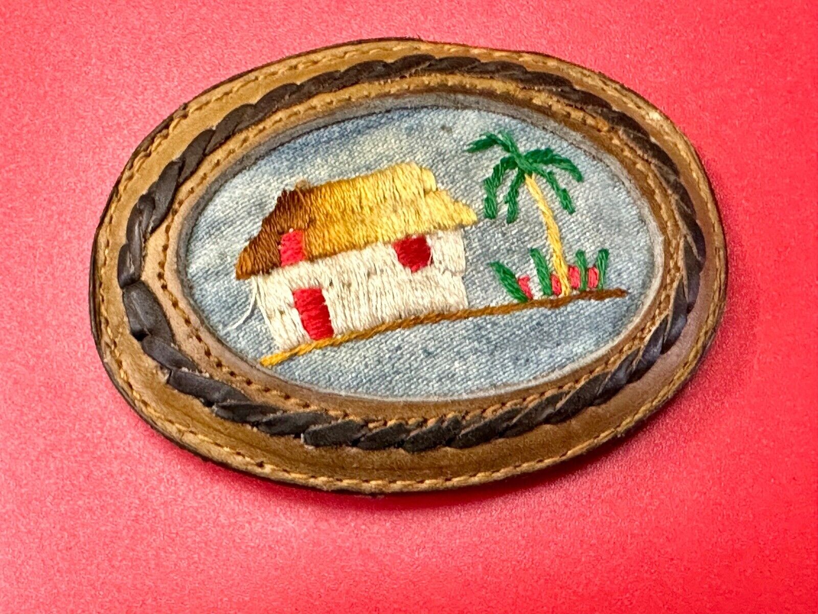tropical vacation beach scene - QUALITY mixed leather oval belt buckle
