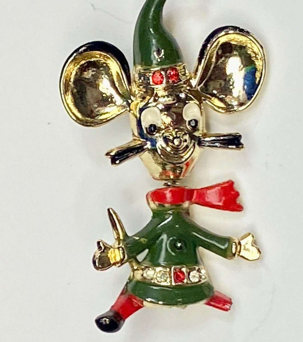 Vintage Jumping Mouse Brooch Pin by BEATRICE Red Green Enamel on GP Signed BJ