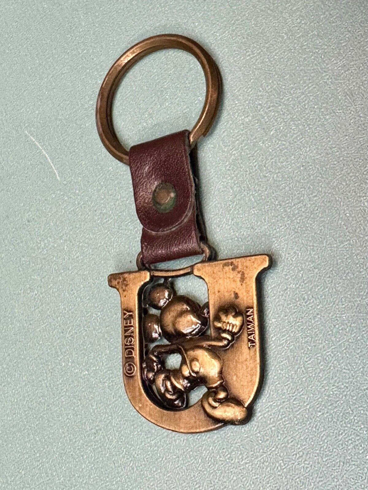 VINTAGE LETTER INITIAL U MICKEY MOUSE DISNEY KEYCHAIN BRASS and LEATHER FOB