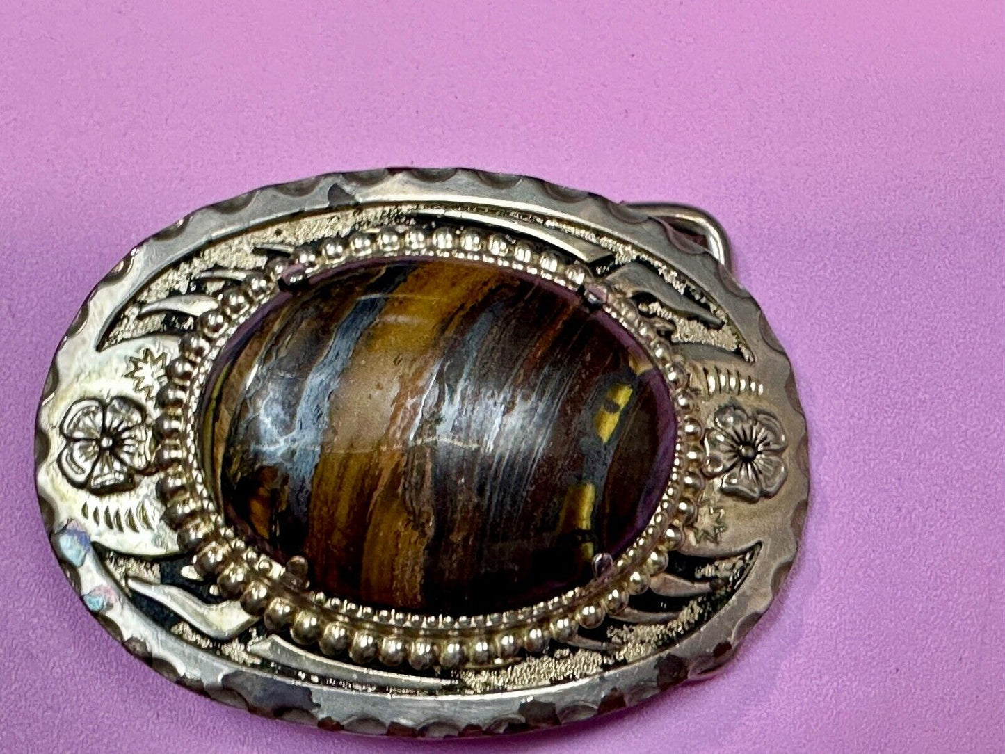 TIGER IRON Vintage Cabochon Cab Stone Centerpiece on Western Belt Buckle