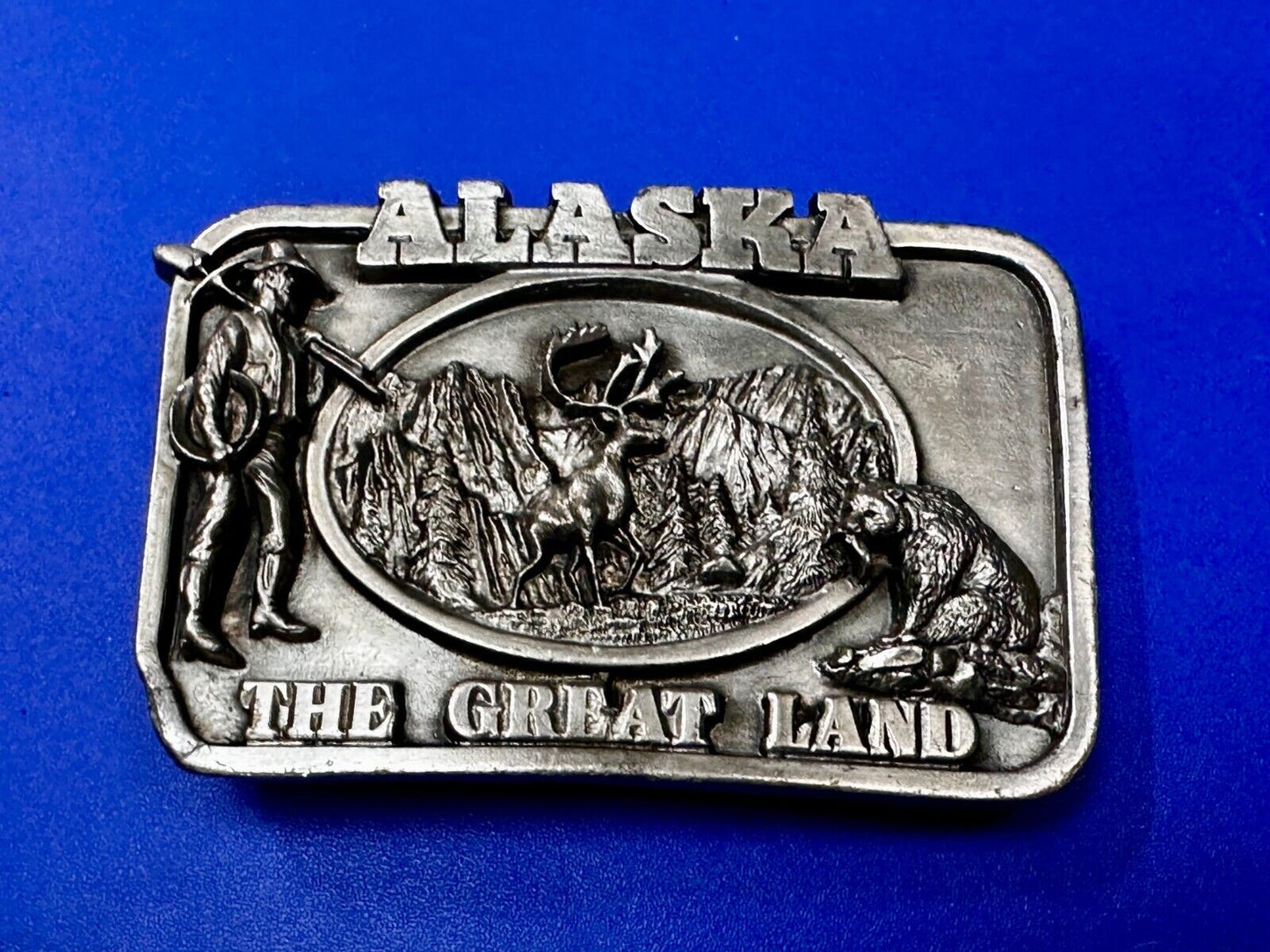 Alaska The Great Land -  Last Frontier State 1980's Siskiyou Pewter Belt Buckle