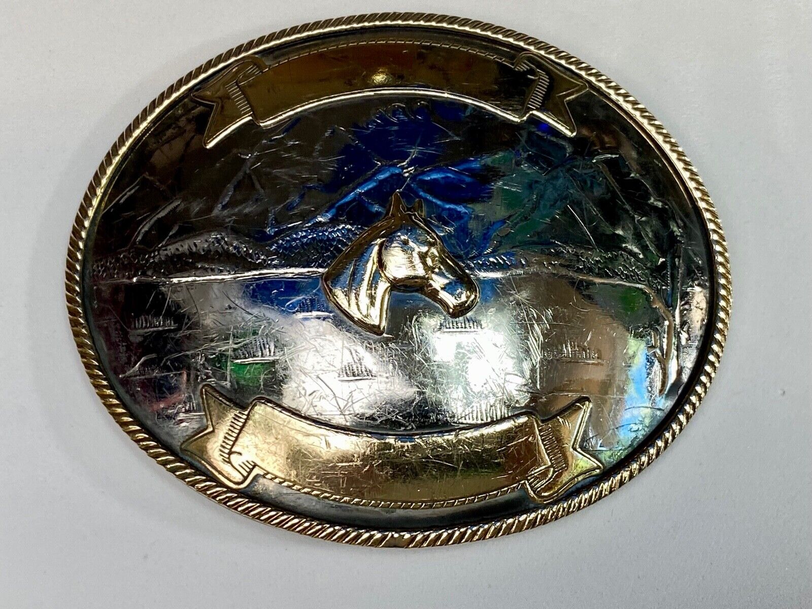 Vintage Horse Head Bust German Silver Art Western Award Scroll Belt Buckle 