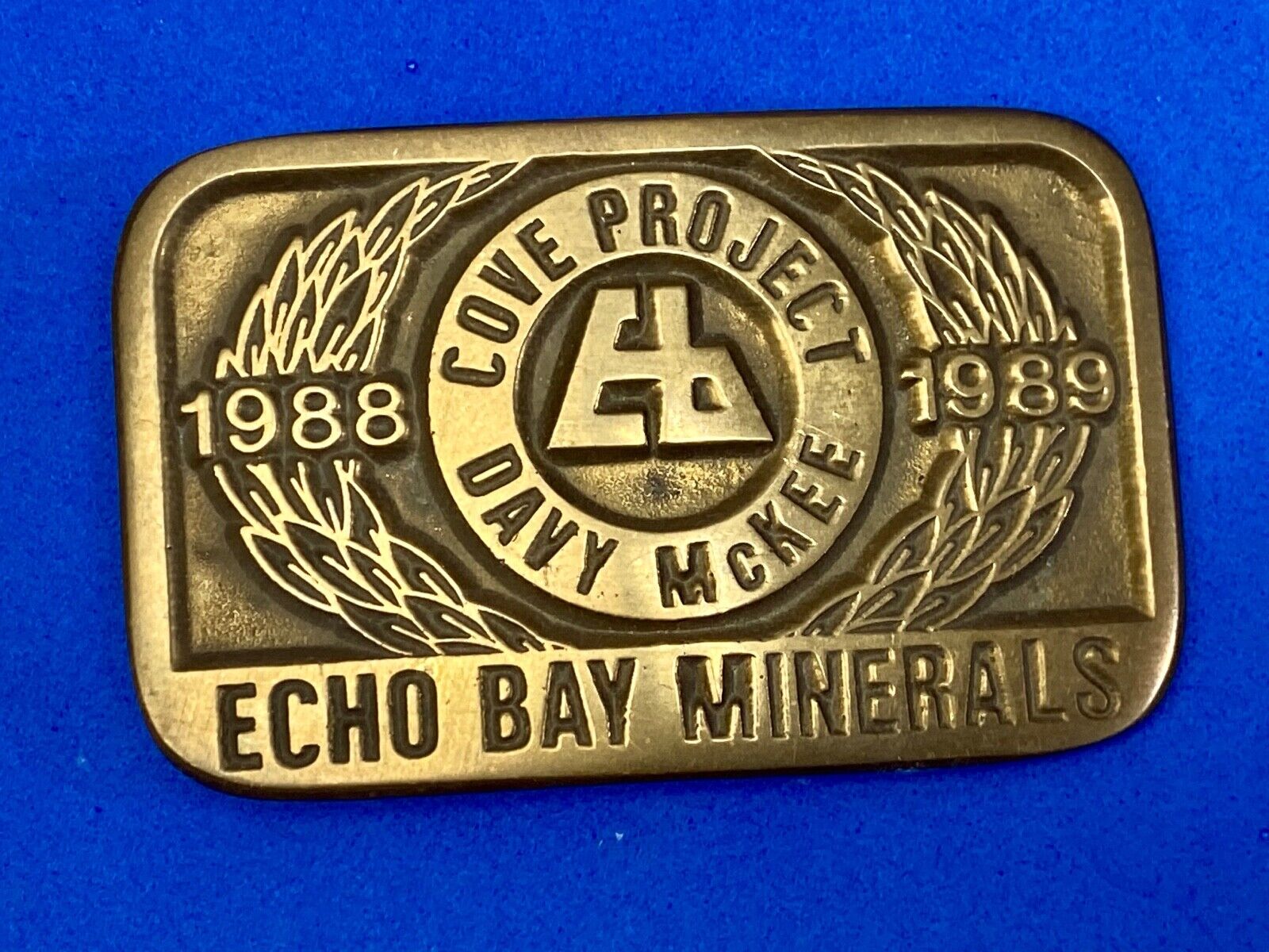 Vintage 1989 **ECHO BAY MINERALS** COVE PROJECT MINING SOLID BRASS BUCKLE