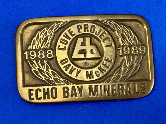 Vintage 1989 **ECHO BAY MINERALS** COVE PROJECT MINING SOLID BRASS BUCKLE