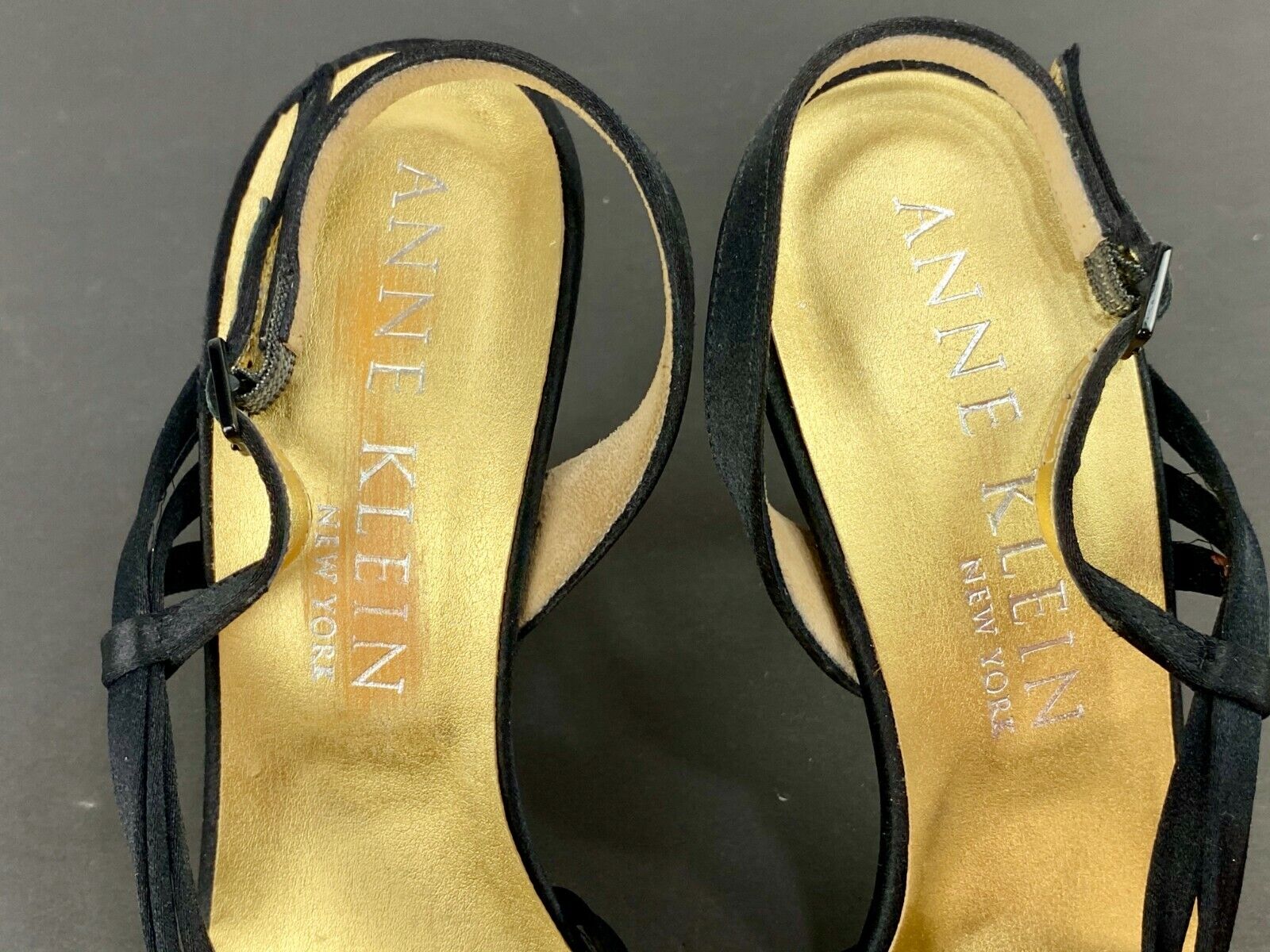 ANNE KLEIN Black Satin Strappy Dress 4" Heels Sandals Stiletto 8 M
