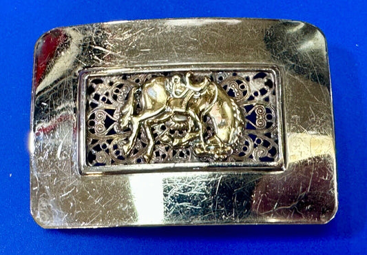 Unique Rodeo Cowboy Horse Saddle Bronc Nickel Silver Mesh Background belt Buckle