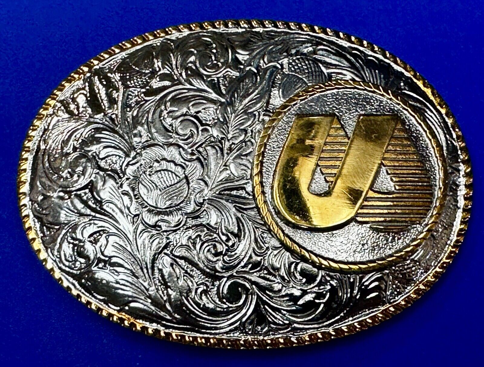 UA Company Logo Floral Flower Design Gold & Silver Tone Vintage Belt Buckle