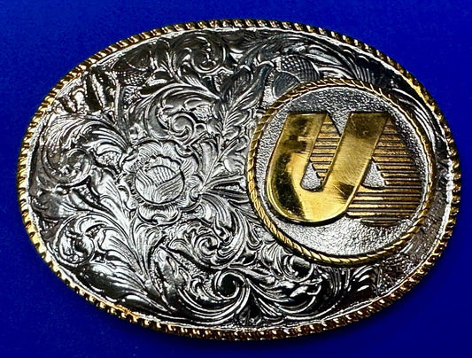 UA Company Logo Floral Flower Design Gold & Silver Tone Vintage Belt Buckle
