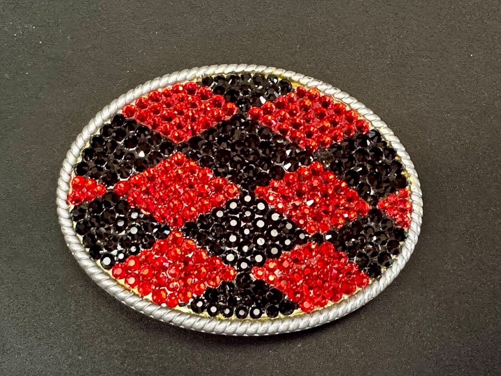 Black &  Red rhinestone Checkerboard Diamond Jester 3.75" wide belt buckle