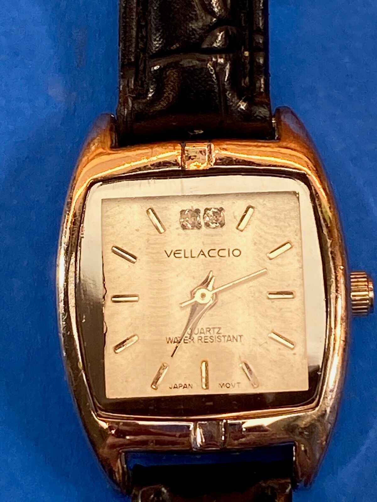 VELLACCIO watch - silver tone square face Diamond accent! black leather band