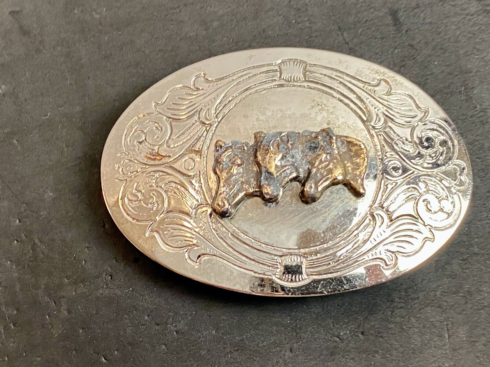 Vintage - There horse heads  bust western engraved belt buckle 