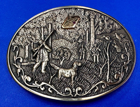 Bird Quail Dog Hunting Hunter Shotgun 1981 Belt Buckle OC Tanner - 10K Gold Logo