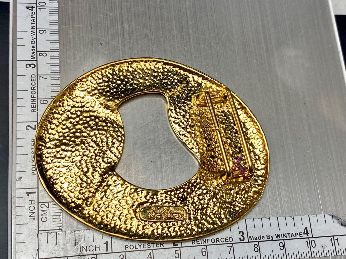 Artist Ginnie Johansen signed gold color abstract oval scarf slide