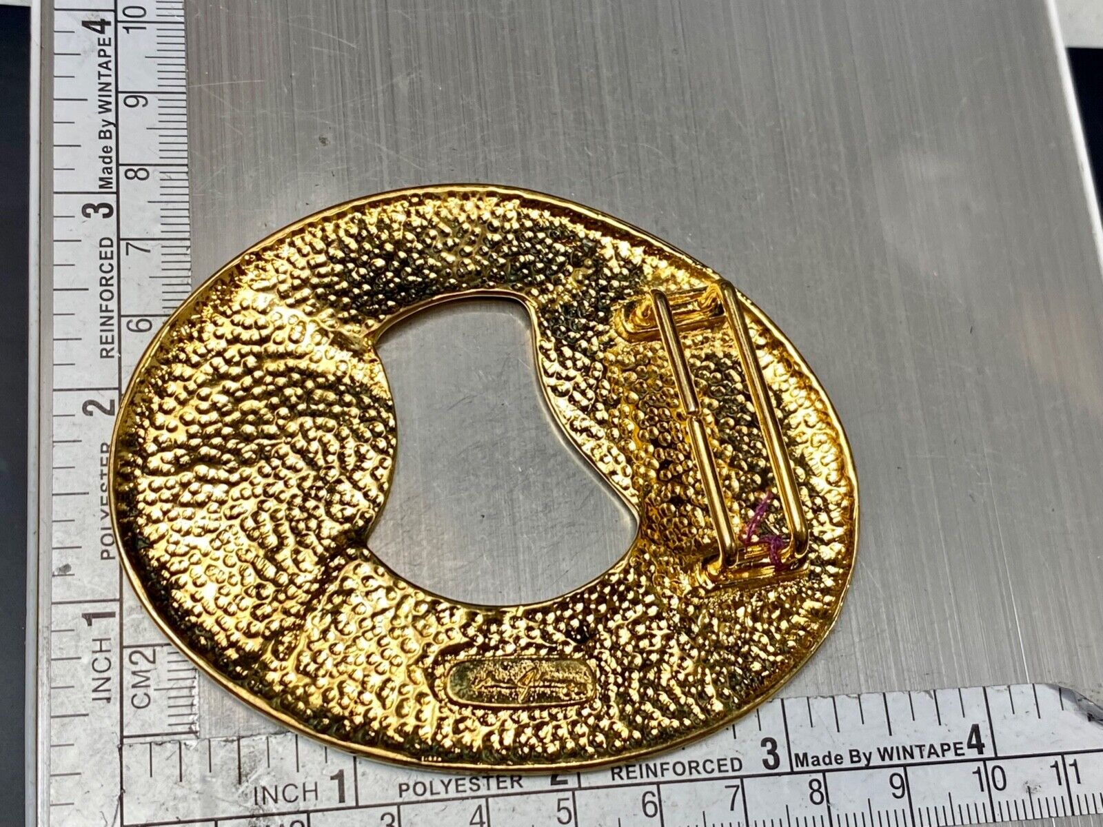 Artist Ginnie Johansen signed gold color abstract oval scarf slide