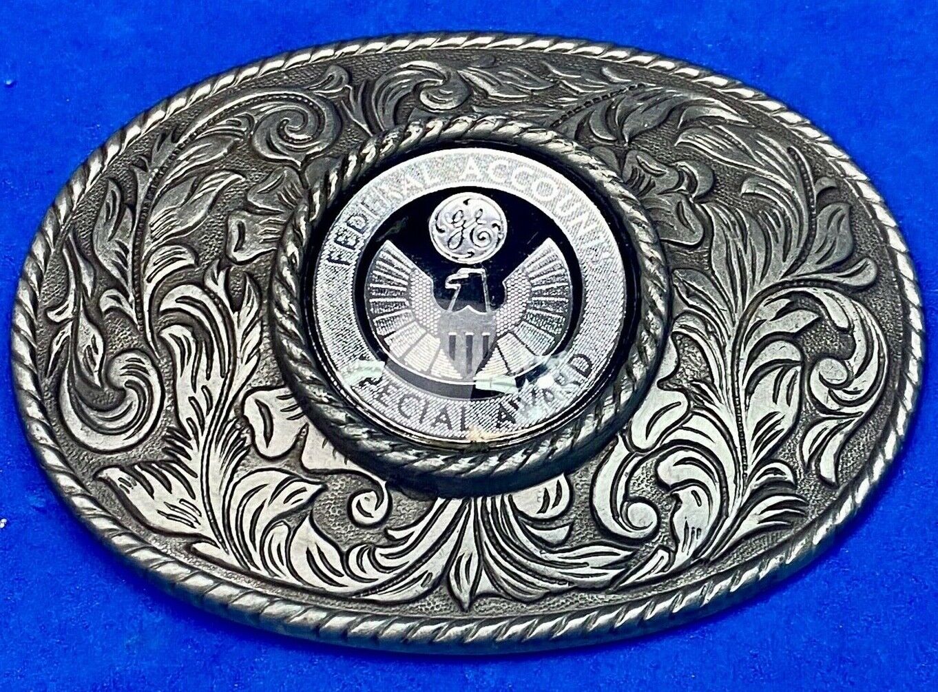 Vintage Ge Federal Accounts Special Award Centerpiece Western Ornate Belt Buckle