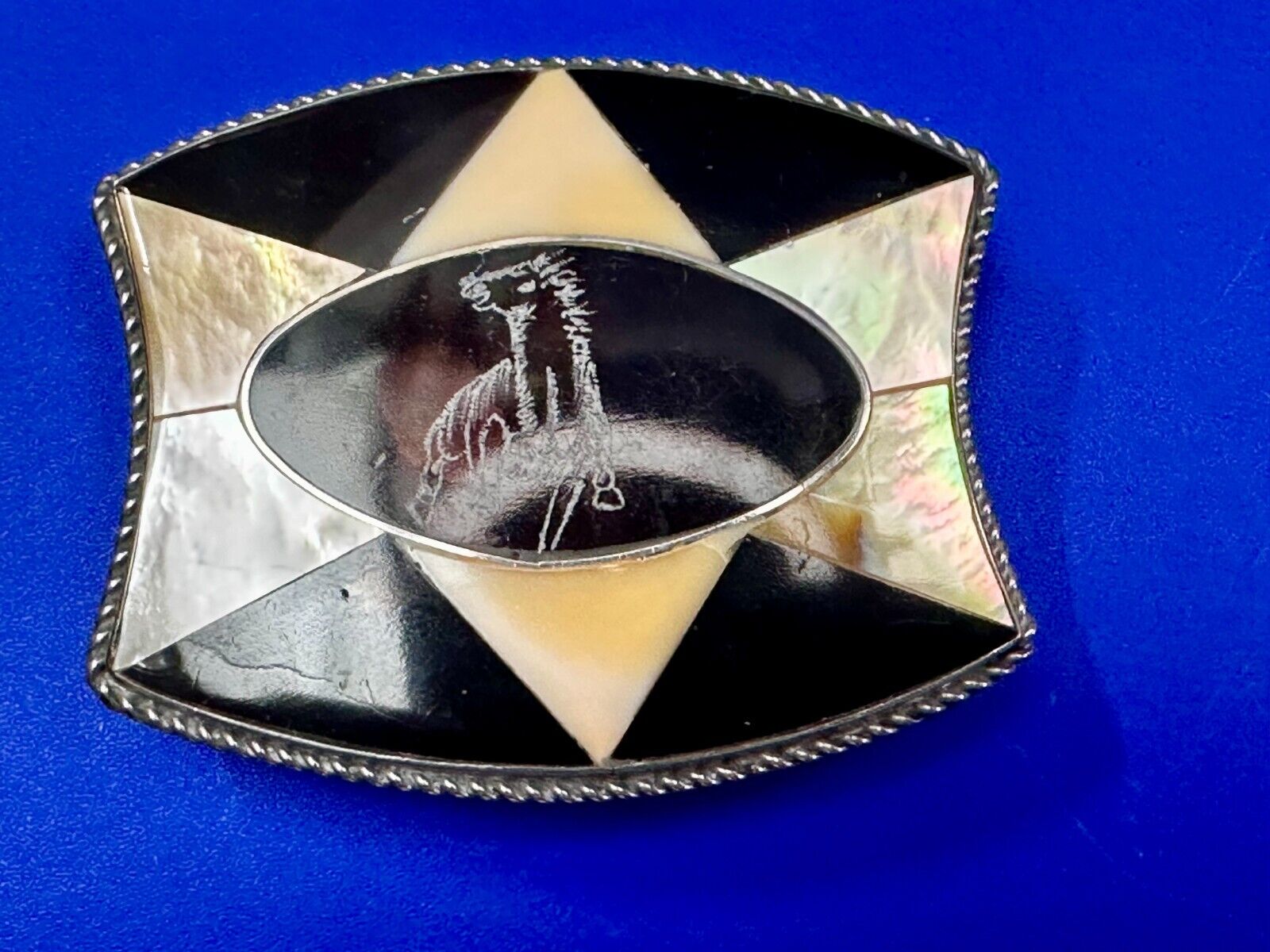 Antique Etched Bronco Mother of Pearl Inlay Artisan Silver? Belt Buckle