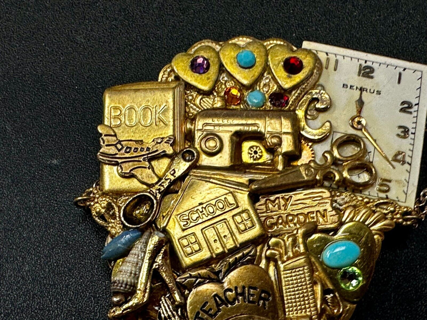 Teacher School Book My Garden Artisan Chain Charm Gold Tone Brooch Pin 2006