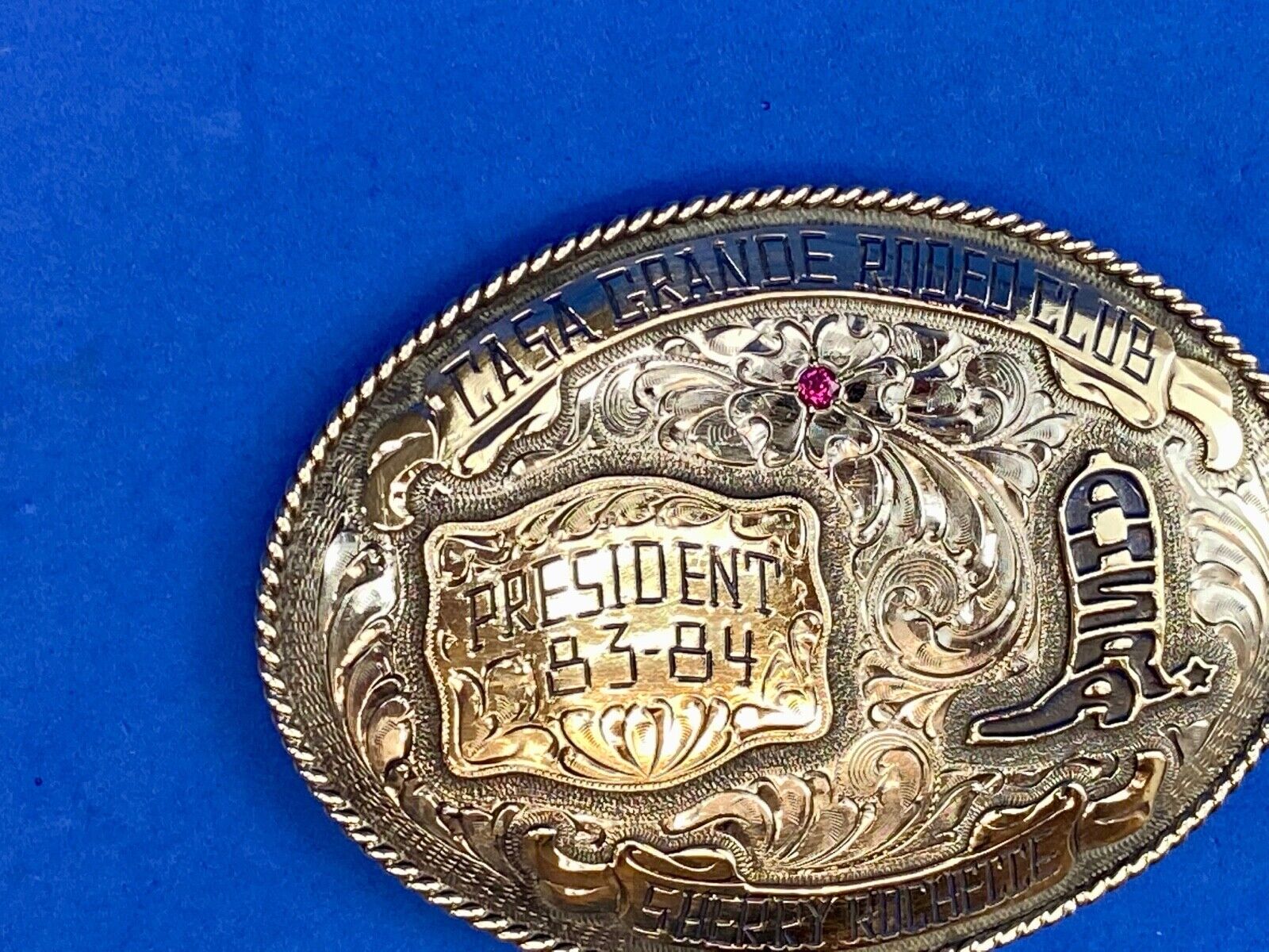 80's Lee Wesley trophy belt buckle CASA Grande Rodeo Club President Award AHSA 