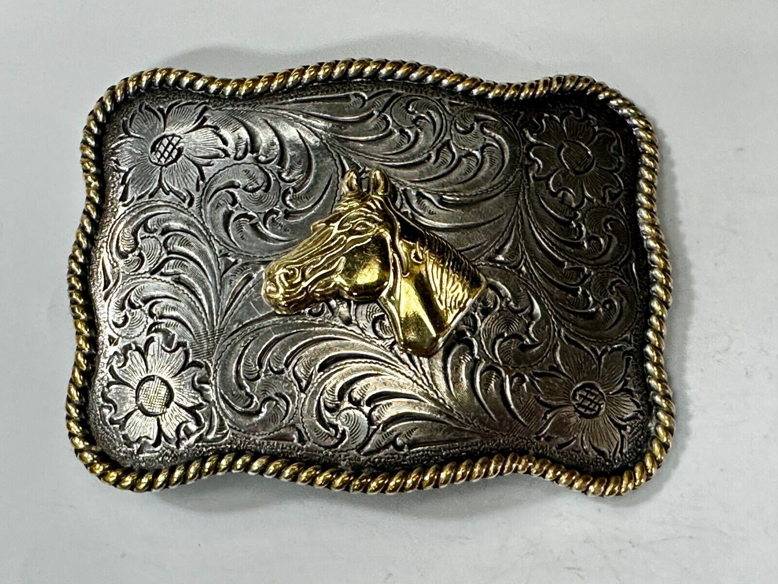Beautiful Horse Head Centered Flower Swirl Two Tone Western Cowboy Belt Buckle