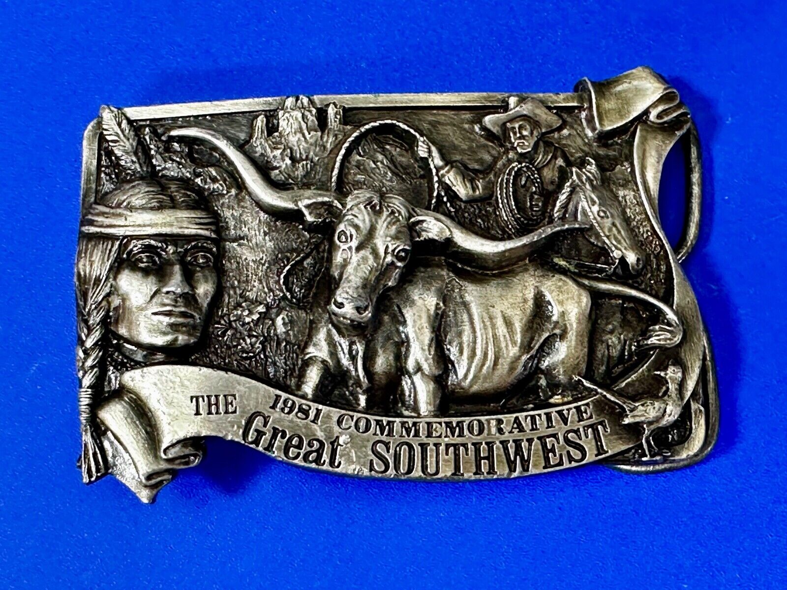 The Great Southwest Navajo Indian Hunter Commemorative Vintage 1981 Belt Buckle