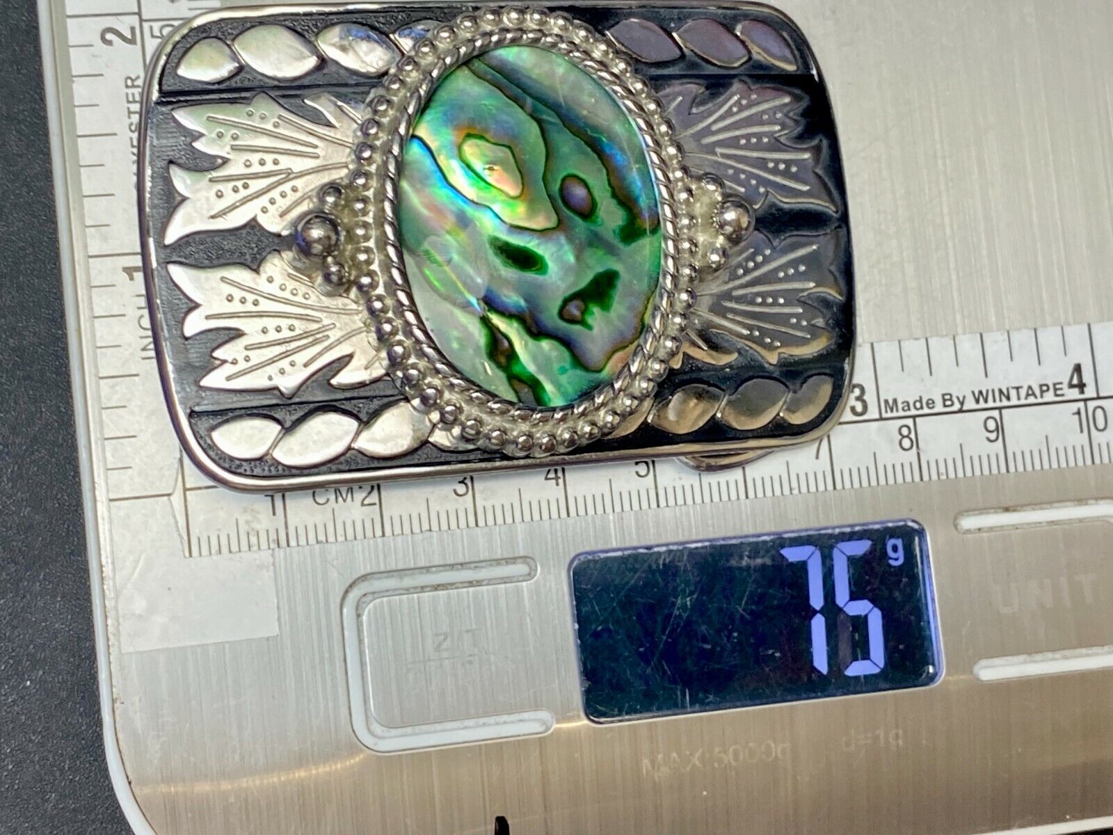 Abalone Shell Centerpiece On Western Silver & Black Color Belt Buckle
