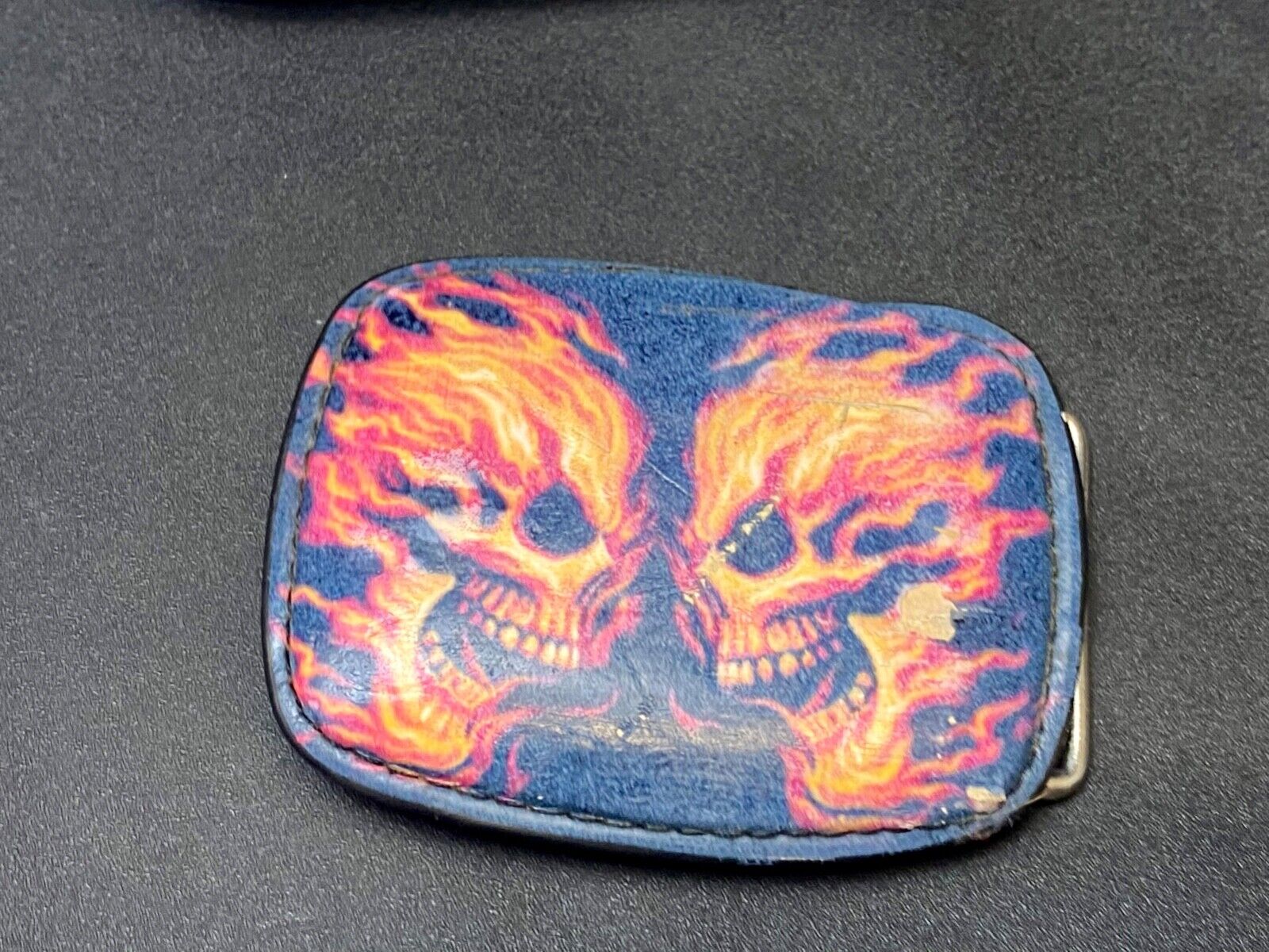 Two Flaming Skulls Heads Facing Each Other Black Belt Buckle
