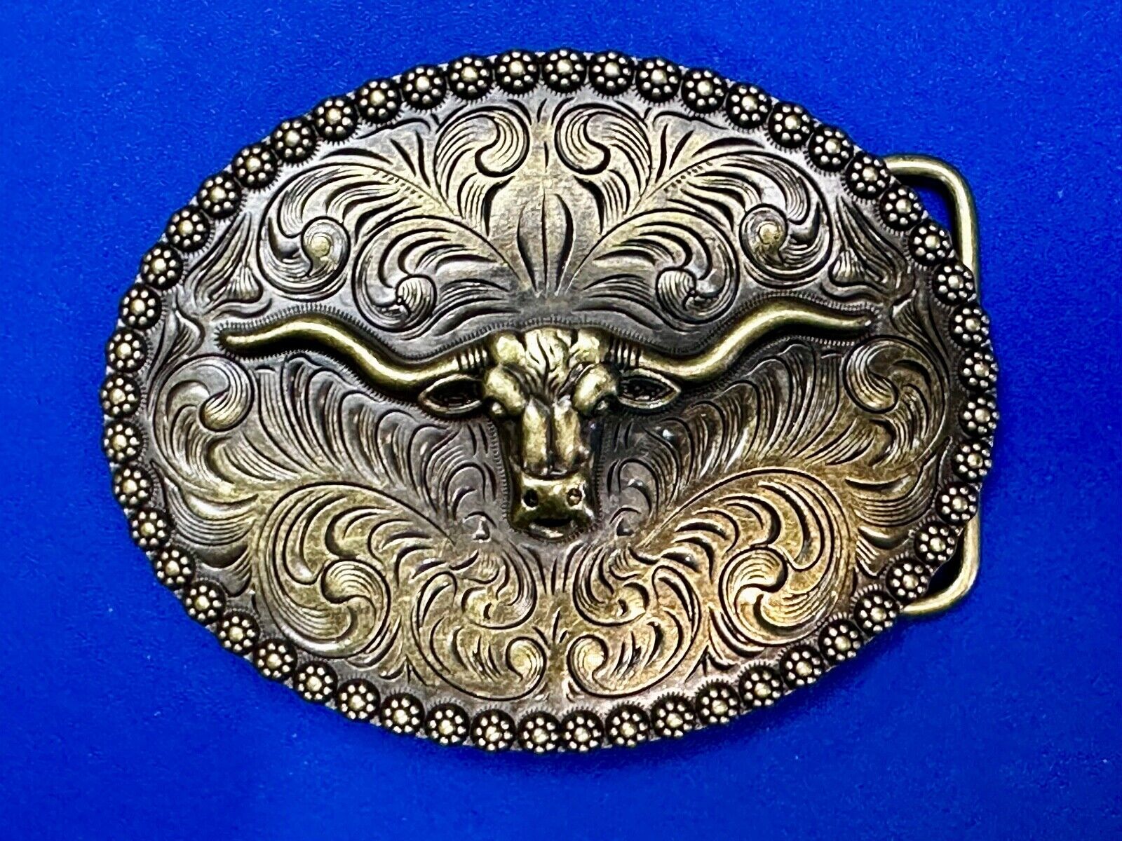 3.5" Wide Texas Longhorn Ornate Engraved Swirl Belt Buckle With Flower Boarder