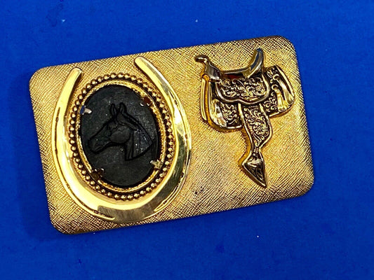 Black Horse Head And Saddle As Centerpiece In Western Gold Tone Belt Buckle 