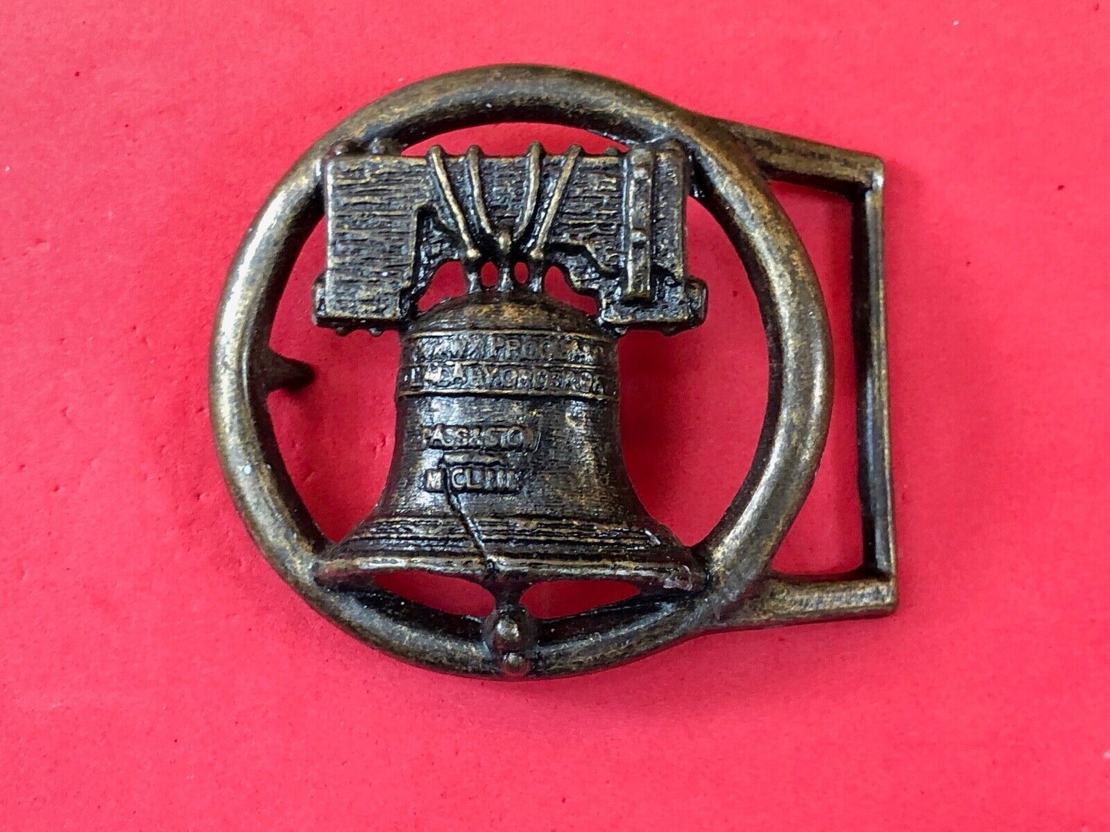Vintage Figural Cut out Round Skeleton Liberty Bell Belt Buckle 