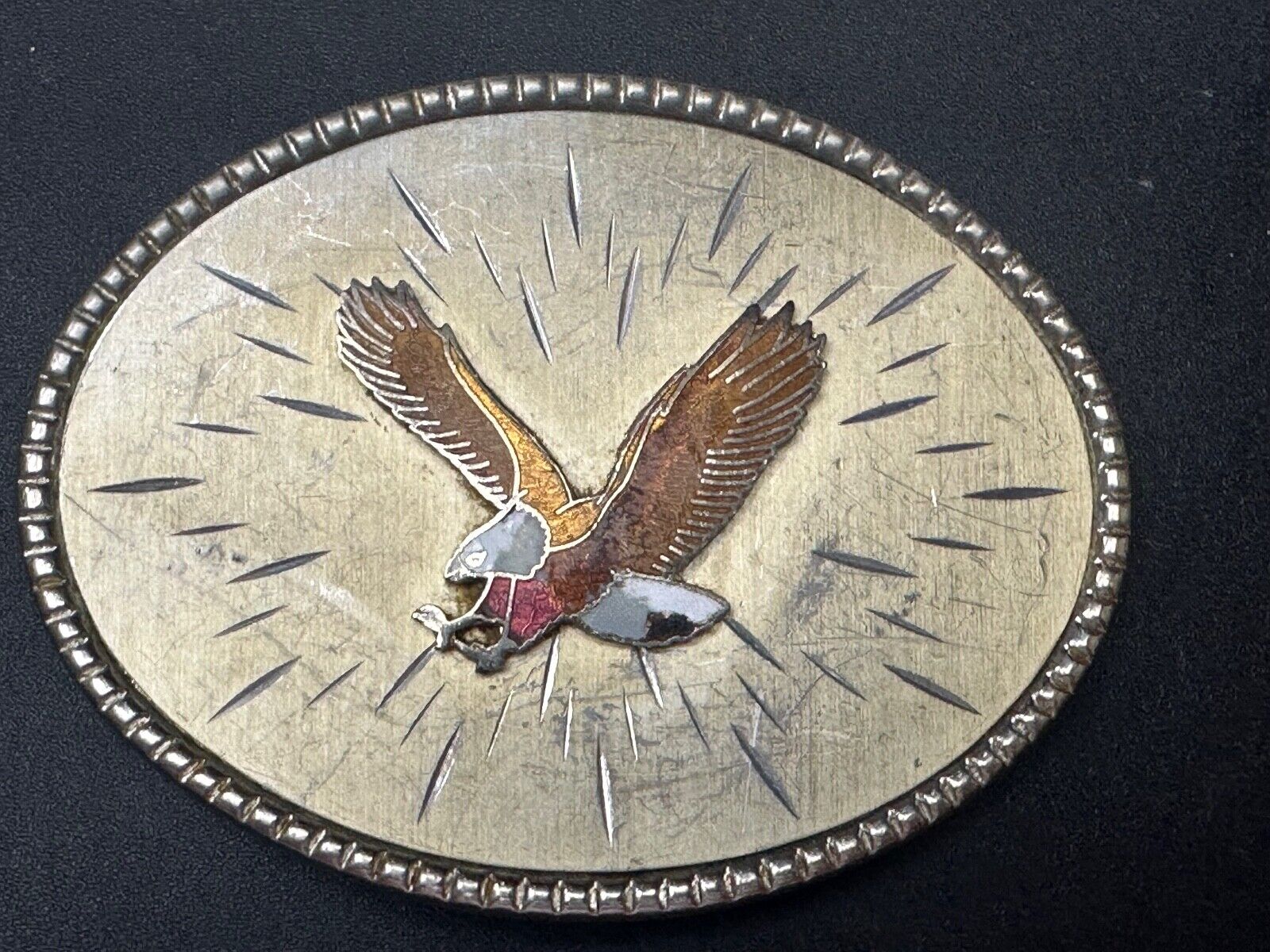 Vintage EAGLE flying High western etched Burst Pattern belt buckle Marked Taiwan