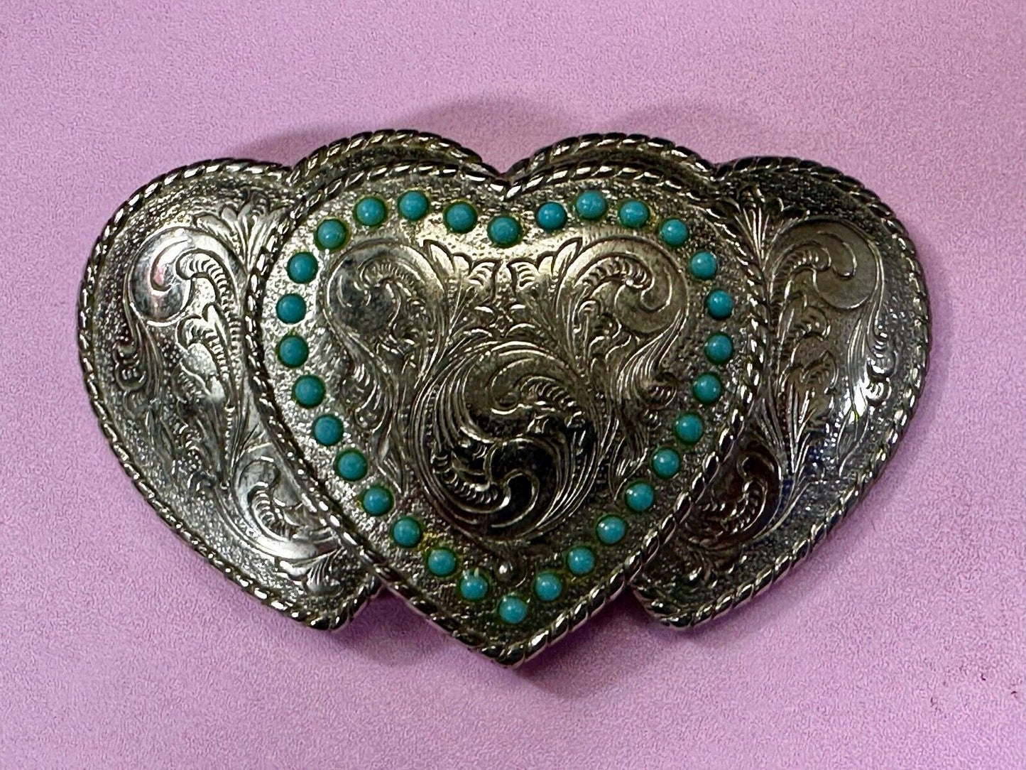 Triple 3 Hearts - Turquoise Colored Accented Or Outlined Three Heart Belt Buckle