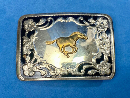 Antique Horse western Nickle Silver and black paint flower swirl belt buckle 