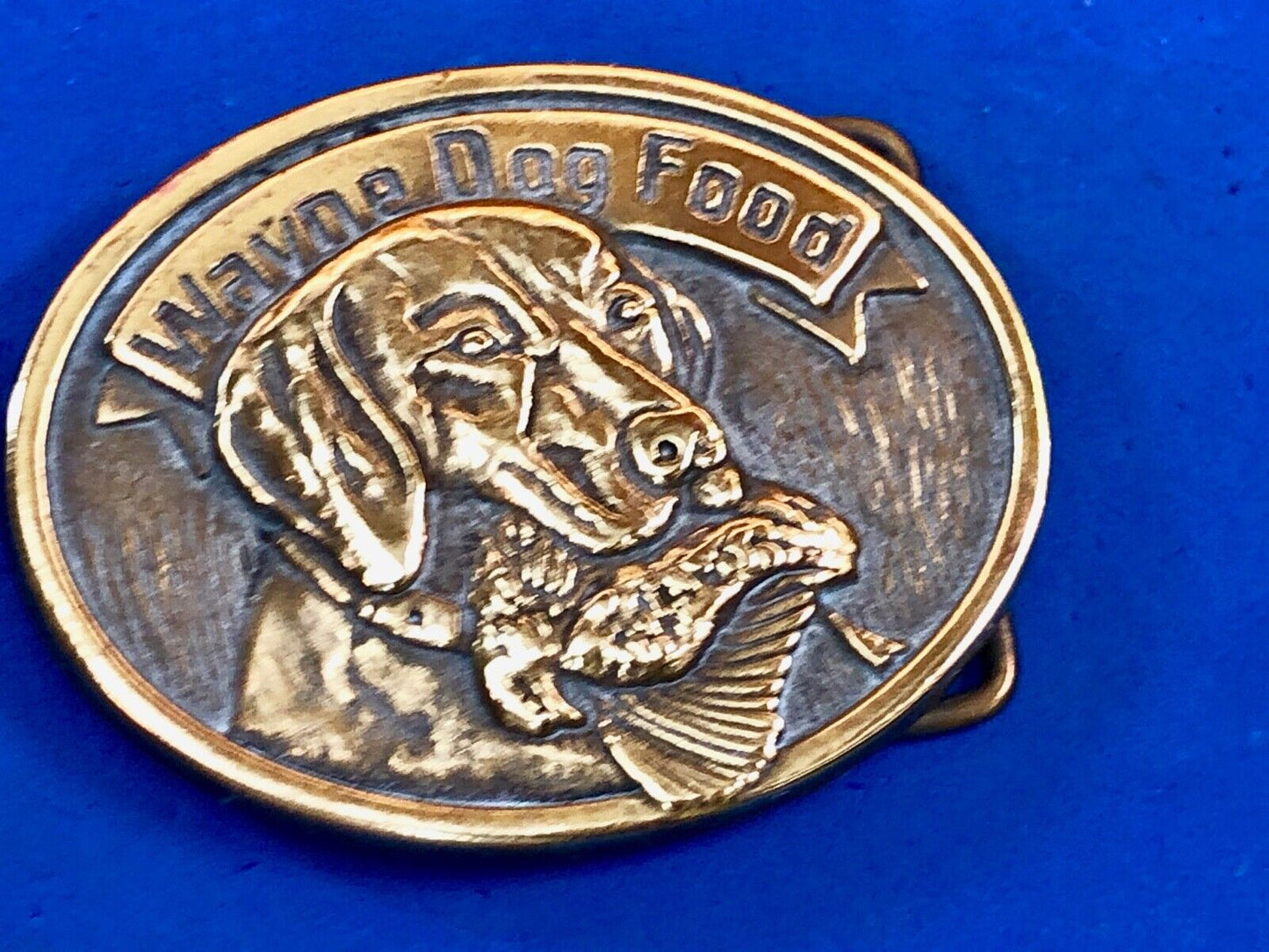 1980's Wayne Dog Food Belt Buckle Lab Bird Hunting Dog 50th Anniversary