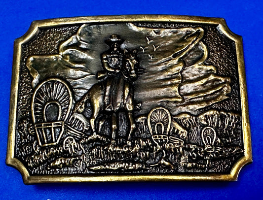 Tall In The Saddle Western Cowboy Leading Wagon Train Vintage ART Belt Buckle