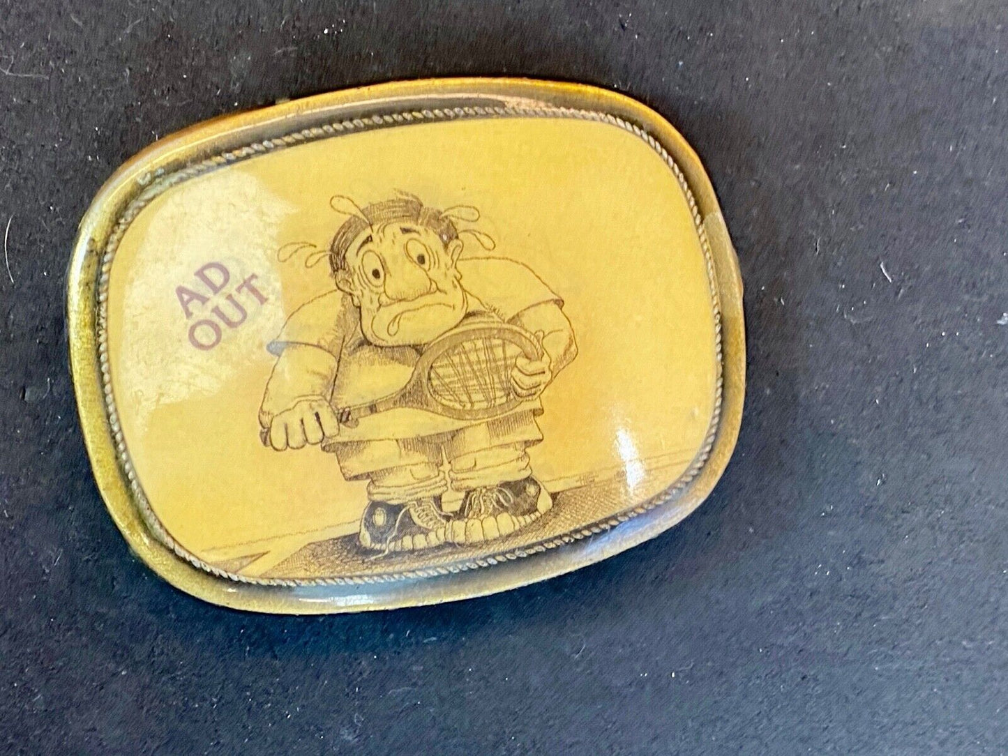 Vintage 1980'S "Ad Out ' Tennis  Humor Belt Buckle Brass Enamel Squirrel Club