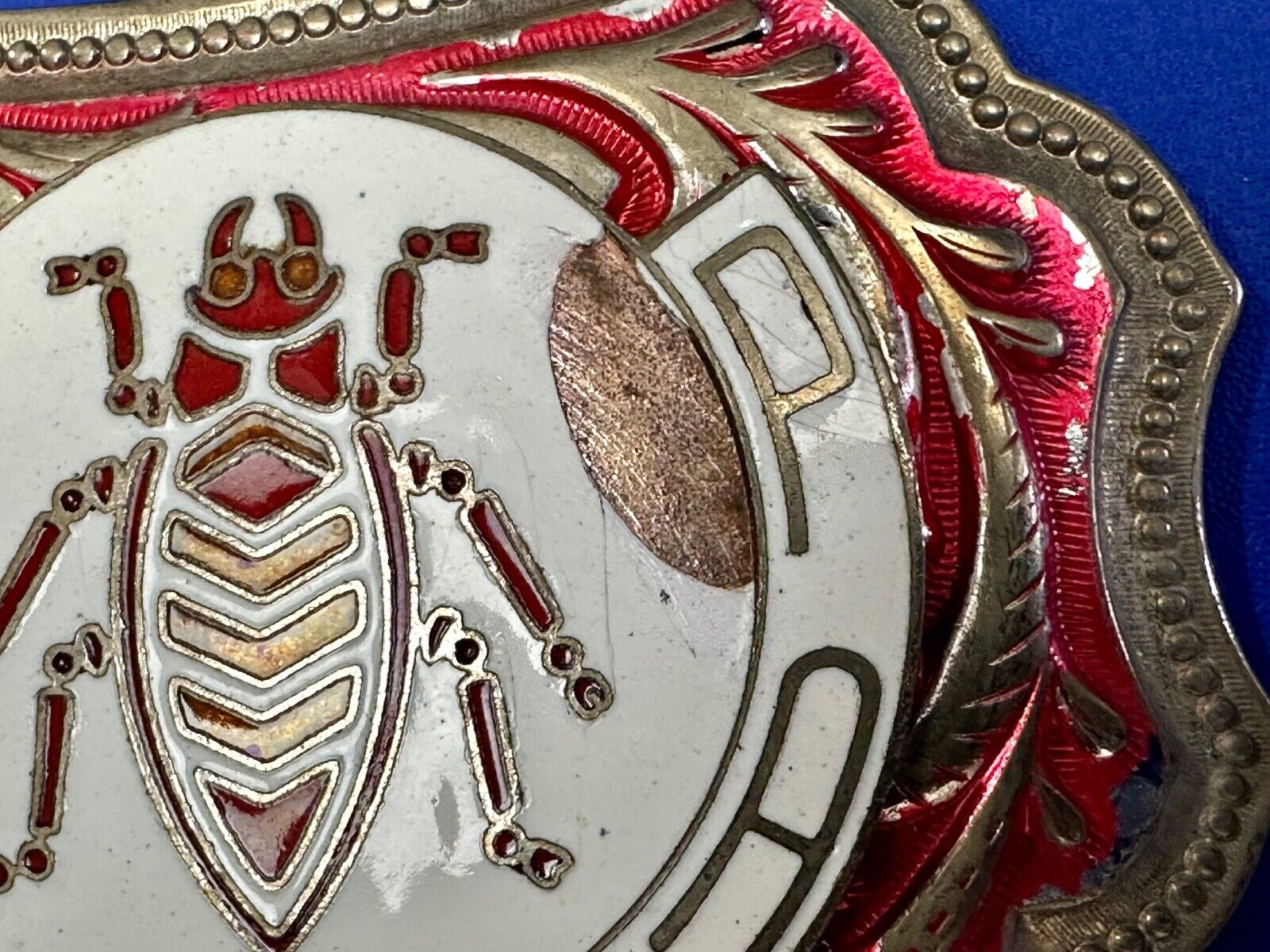 unique insect bug centerpiece on western red & white flower swirl belt buckle