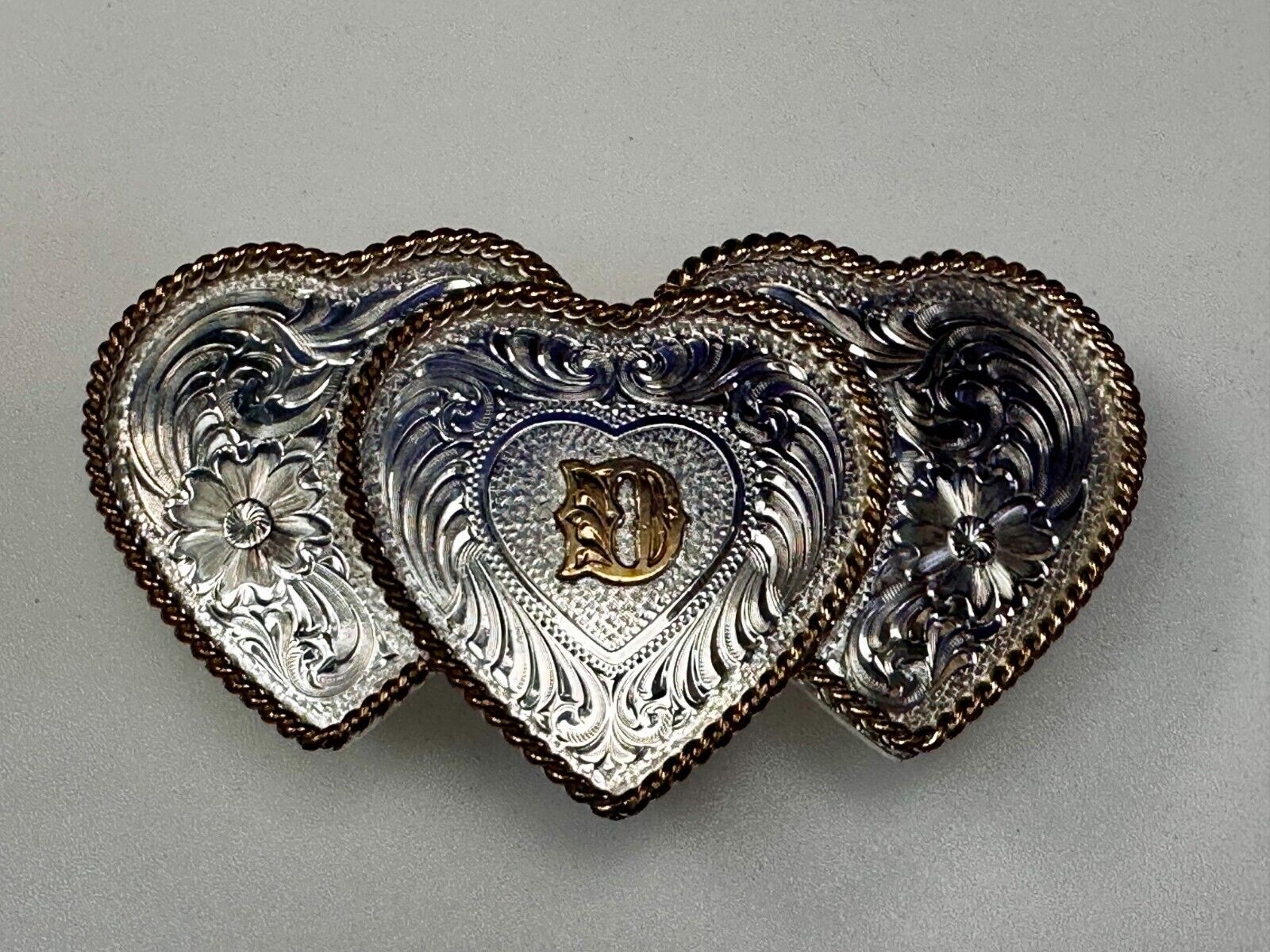 Three Triple Hearts With Initial Letter D Montana Silversmiths Belt Buckle