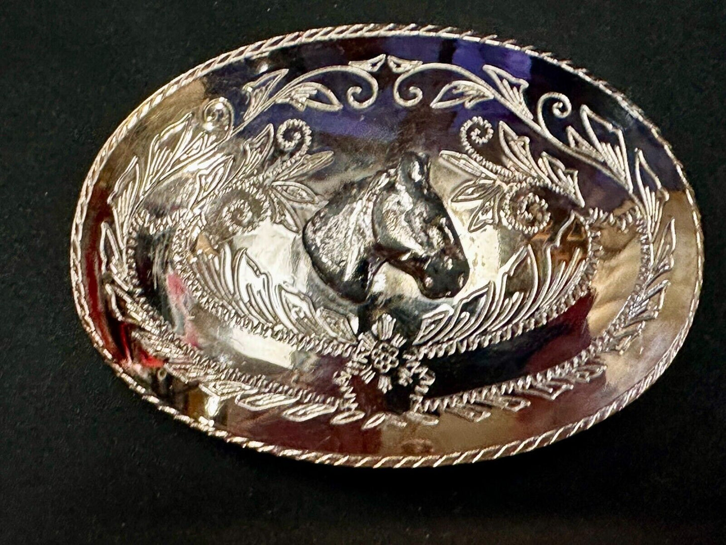 Vintage Horse Head Rodeo Flower Swirl Silver Tone Belt Buckle
