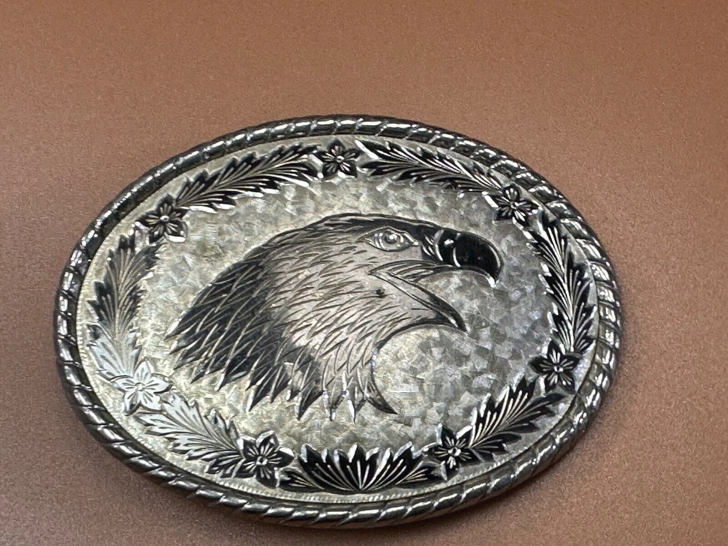 American Bald Eagle Bust profile, silver tone Etched belt buckle W Makers Mark